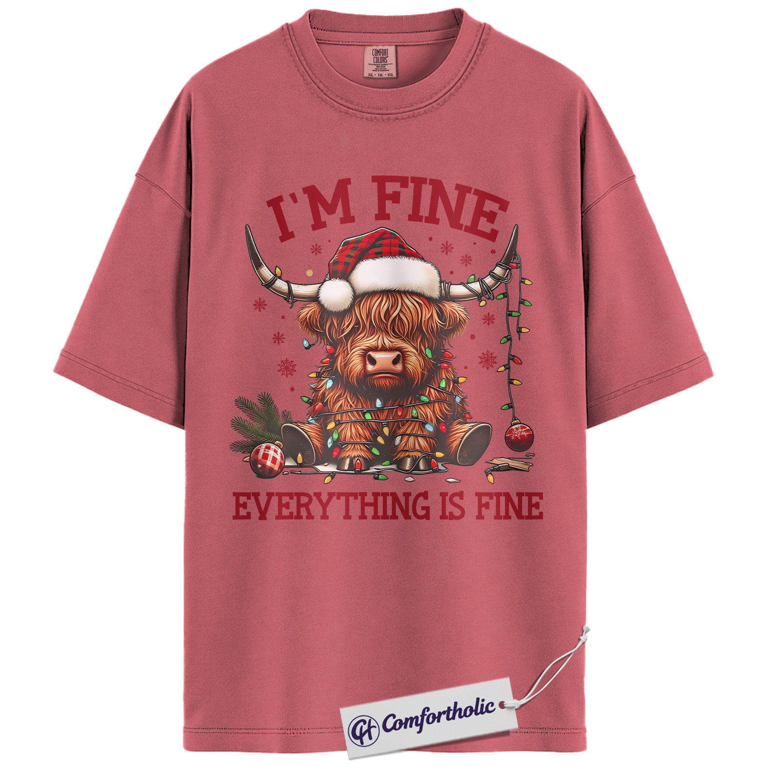 I’m Fine Everything Is Fine Shirt, Funny Highland Cow Christmas T-Shirt, Cute Farm Animal Holiday Graphic Tee, Sarcastic Gift for Cow Lovers, Christmas Comfort Colors Shirt - Image 10