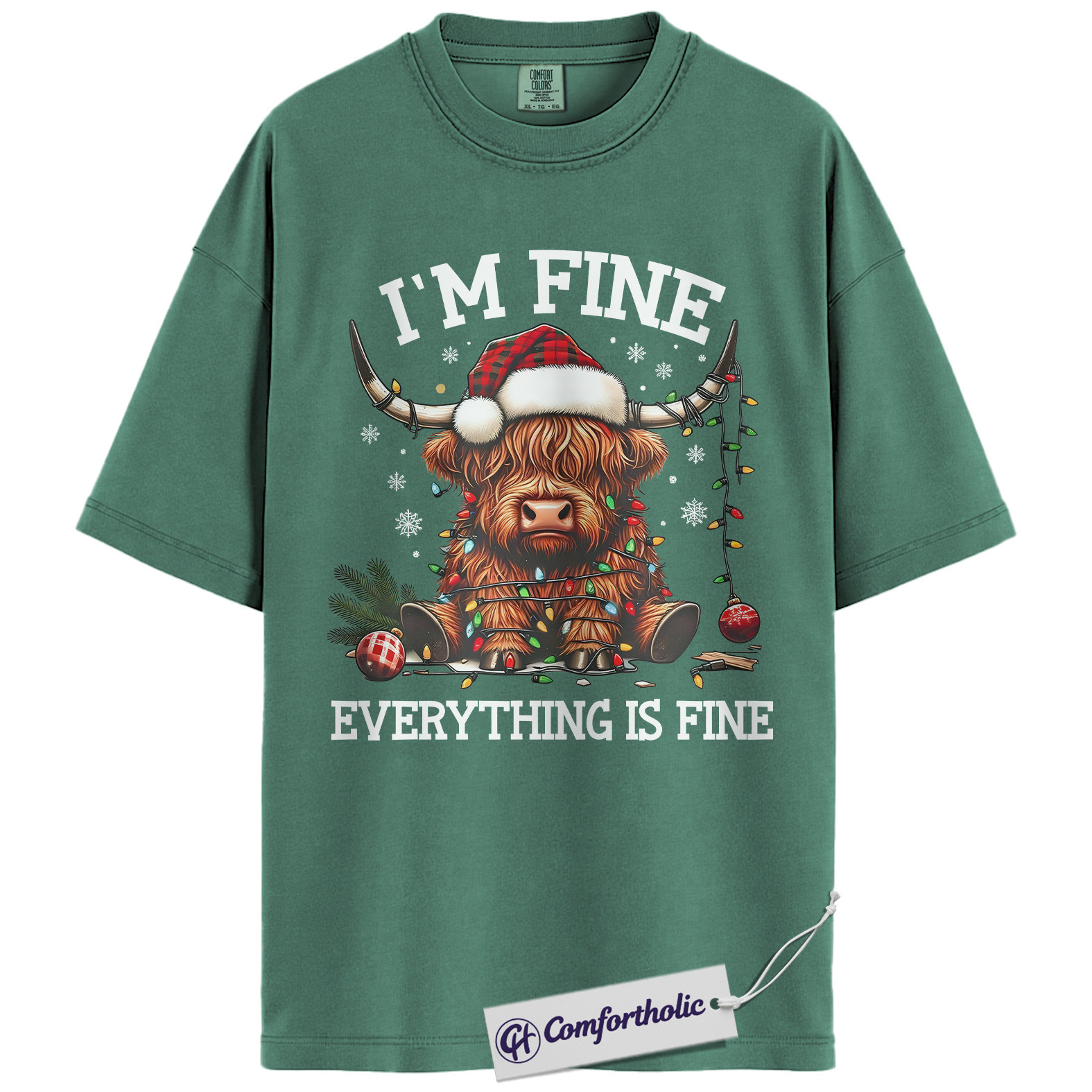 I’m Fine Everything Is Fine Shirt, Funny Highland Cow Christmas T-Shirt, Cute Farm Animal Holiday Graphic Tee, Sarcastic Gift for Cow Lovers, Christmas Comfort Colors Shirt - Image 11