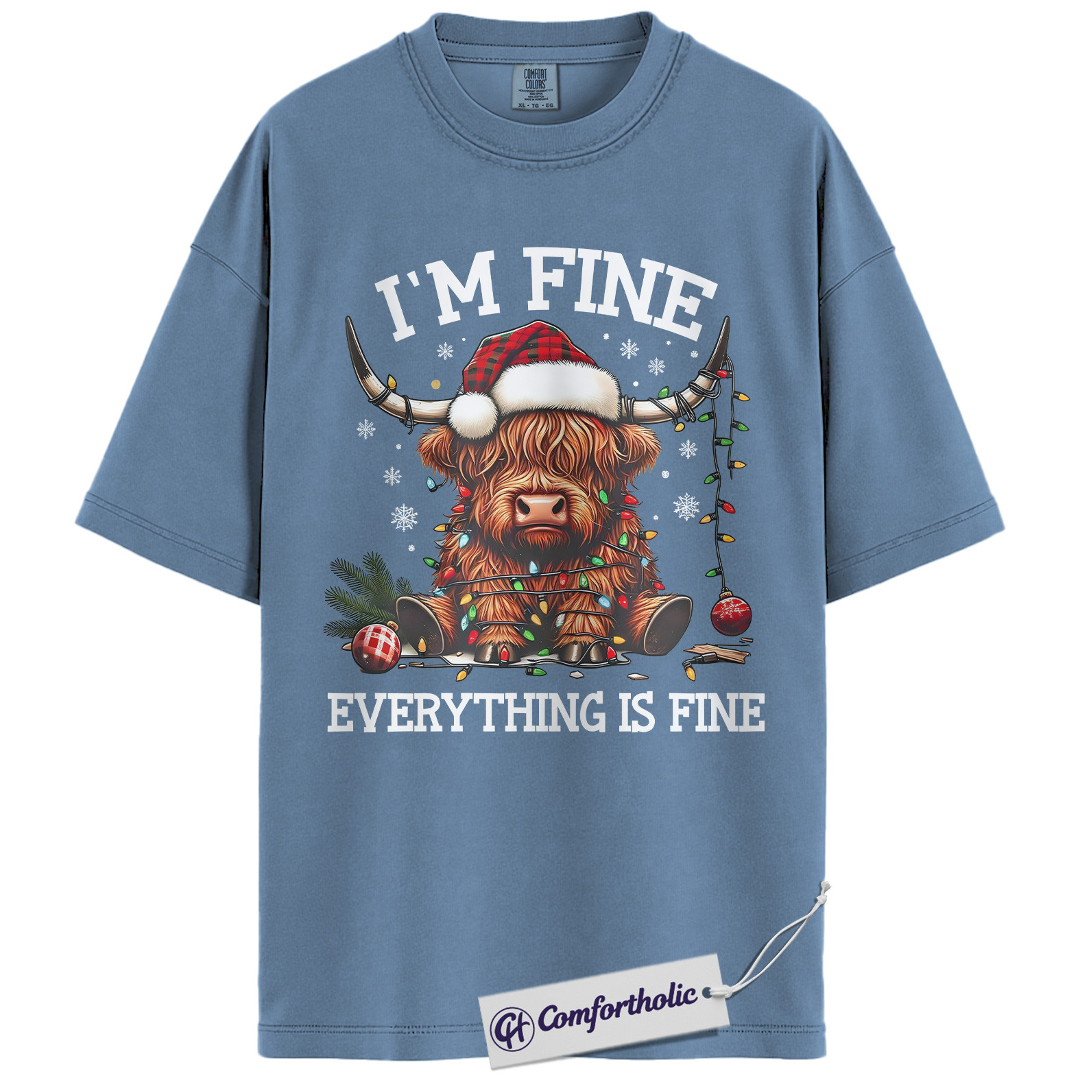 I’m Fine Everything Is Fine Shirt, Funny Highland Cow Christmas T-Shirt, Cute Farm Animal Holiday Graphic Tee, Sarcastic Gift for Cow Lovers, Christmas Comfort Colors Shirt - Image 18