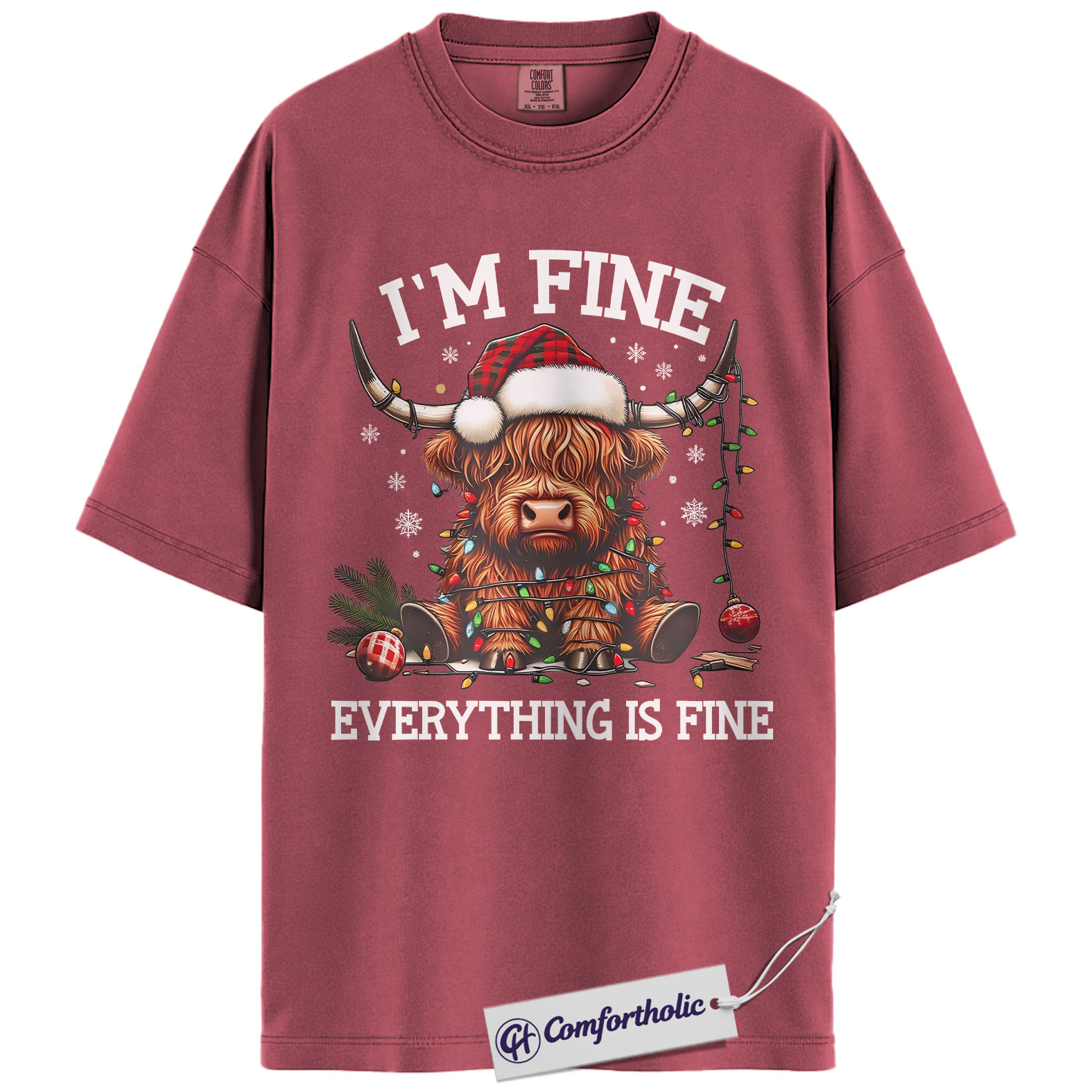 I’m Fine Everything Is Fine Shirt, Funny Highland Cow Christmas T-Shirt, Cute Farm Animal Holiday Graphic Tee, Sarcastic Gift for Cow Lovers, Christmas Comfort Colors Shirt