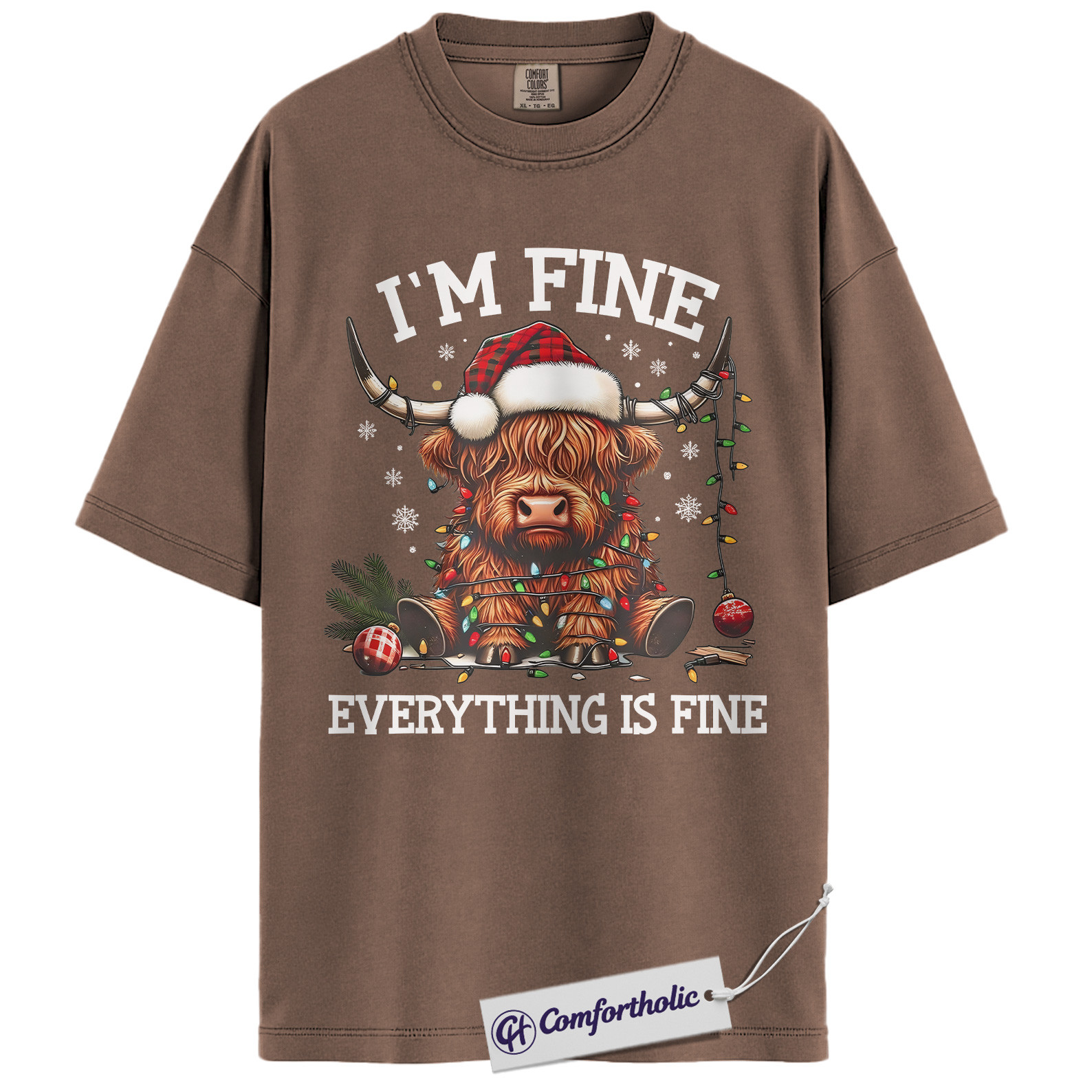 I’m Fine Everything Is Fine Shirt, Funny Highland Cow Christmas T-Shirt, Cute Farm Animal Holiday Graphic Tee, Sarcastic Gift for Cow Lovers, Christmas Comfort Colors Shirt - Image 19