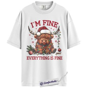 Alternative view of I’m Fine Everything Is Fine Shirt, Funny Highland Cow Christmas T-Shirt, Cute Farm Animal Holiday Graphic Tee, Sarcastic Gift for Cow Lovers, Christmas Comfort Colors Shirt
