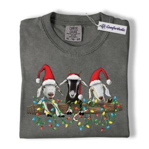 Funny Goat Christmas Shirt, Cute Farm Animal Holiday T-Shirt, Three Goats with Santa Hats Graphic Tee, Christmas Gift for Goat Lovers, Christmas Comfort Colors Shirt