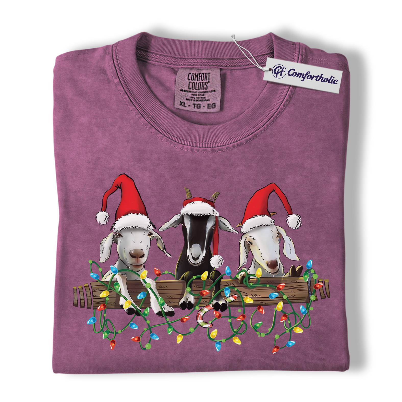 Funny Goat Christmas Shirt, Cute Farm Animal Holiday T-Shirt, Three Goats with Santa Hats Graphic Tee, Christmas Gift for Goat Lovers, Christmas Comfort Colors Shirt - Image 15