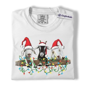 Alternative view of Funny Goat Christmas Shirt, Cute Farm Animal Holiday T-Shirt, Three Goats with Santa Hats Graphic Tee, Christmas Gift for Goat Lovers, Christmas Comfort Colors Shirt