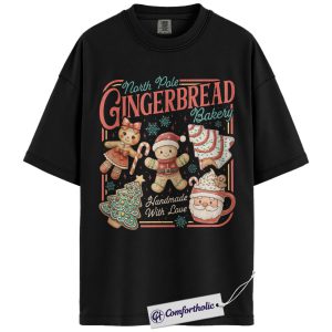 Gingerbread Bakery Shirt, Gingerbread Christmas Cookie T-Shirt, Retro North Pole Holiday Baking Graphic Tee, Cute Christmas Gift for Women,Christmas Comfort Colors Shirt