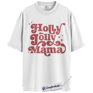 Alternative view of Holly Jolly Mama Shirt, Christmas Mom T-Shirt, Retro Groovy Holiday Typography Graphic Tee, Cute Christmas Gift for Moms, Christmas Comfort Colors Shirt