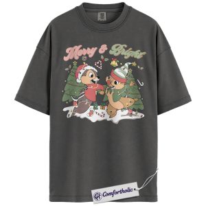 Alternative view of Chip and Dale Shirt, Merry & Bright Shirt, Christmas Shirt, Animated Graphic Tee, Comfort Colors Shirt