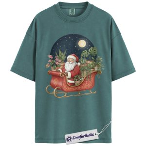 Santa Plant Sleigh Shirt, Plant Lover Christmas T-Shirt, Cute Botanical Holiday Illustration Graphic Tee, Festive Christmas Gift for Plant Moms, Christmas Comfort Colors Shirt