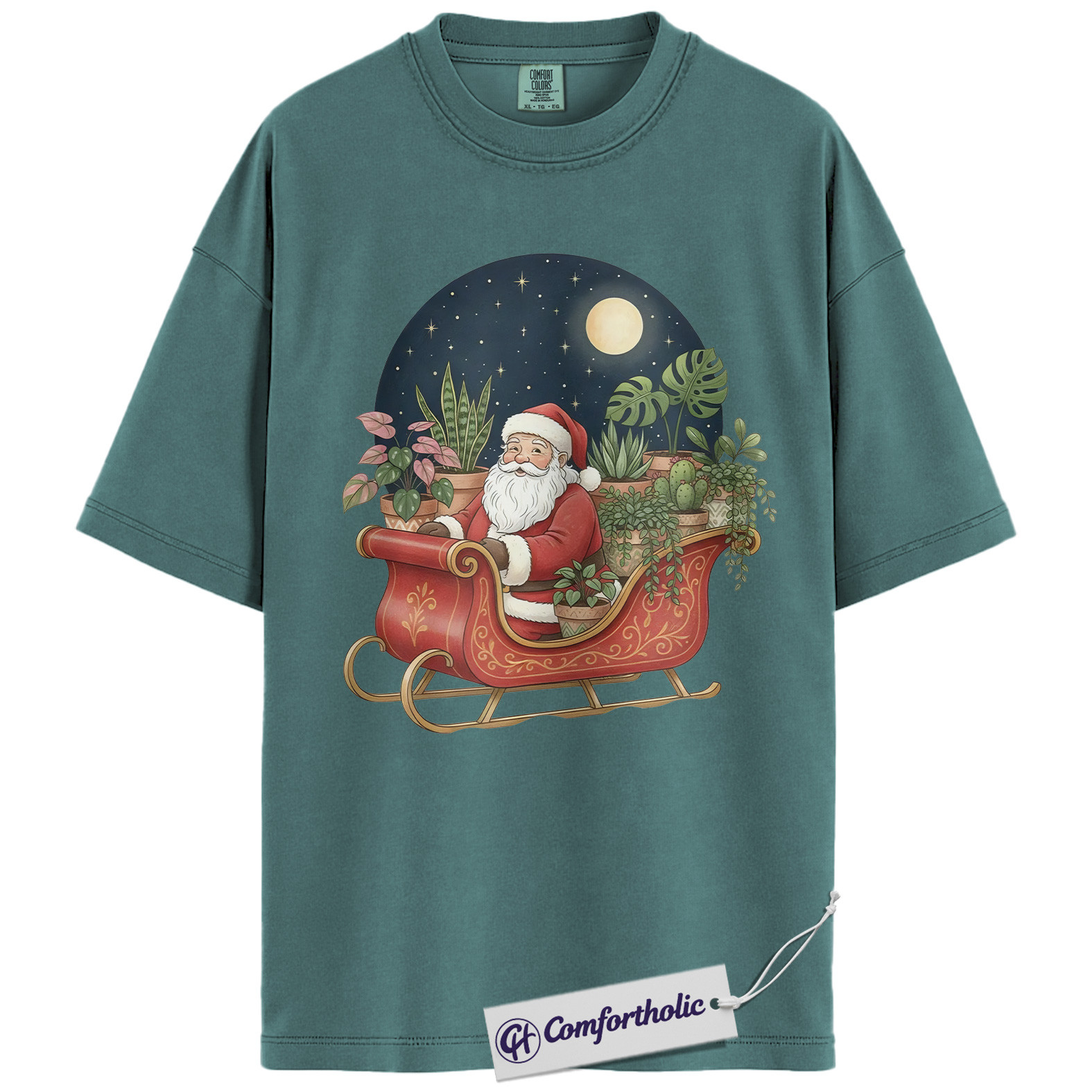 Santa Plant Sleigh Shirt, Plant Lover Christmas T-Shirt, Cute Botanical Holiday Illustration Graphic Tee, Festive Christmas Gift for Plant Moms, Christmas Comfort Colors Shirt