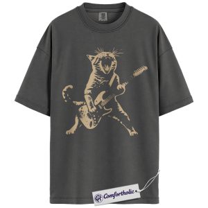 Rockstar Cat Shirt, Funny Cat Music T-Shirt, Retro Guitar Cat Graphic Tee, Unique Gift for Pet Lovers, Christmas Comfort Colors Shirt