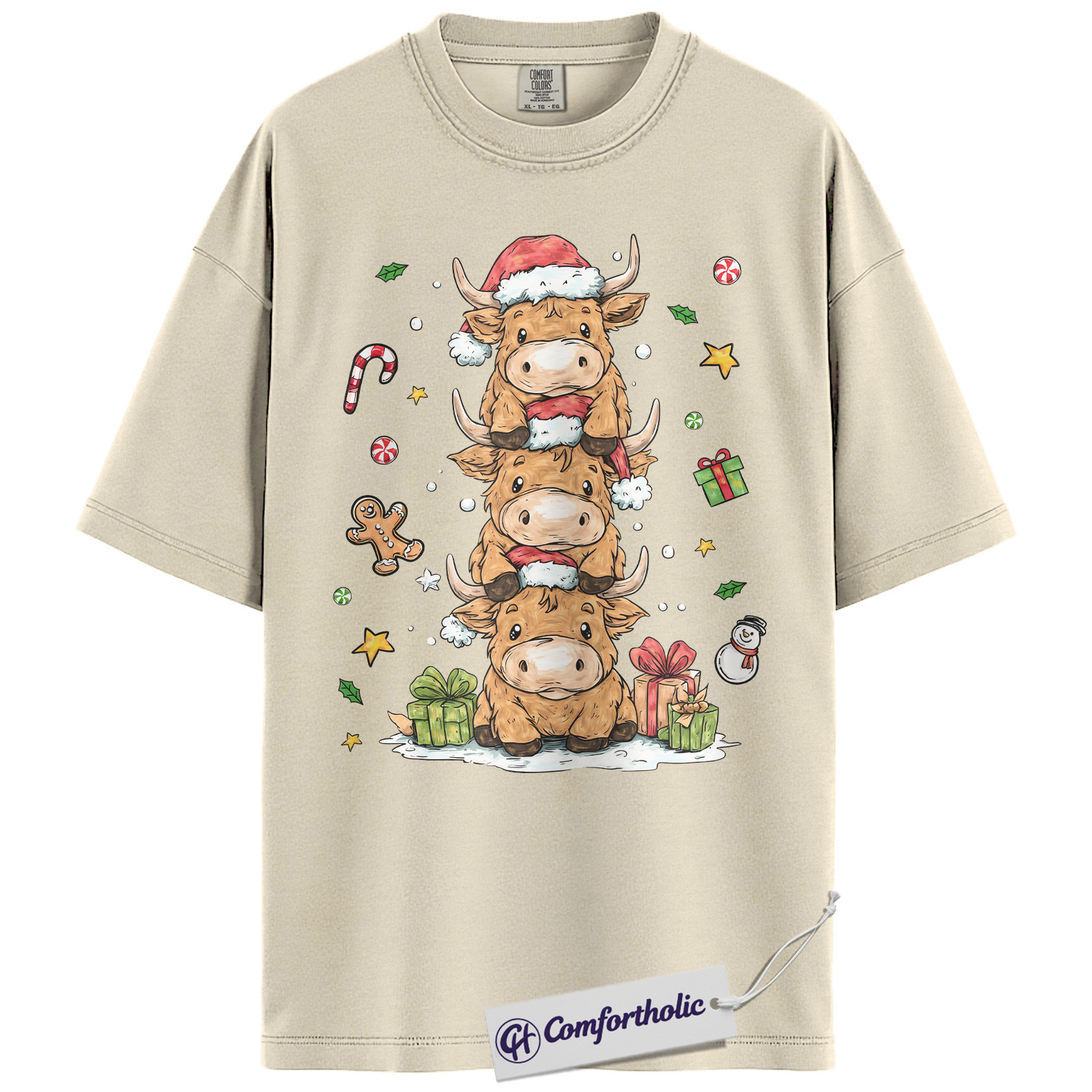Highland Cow Christmas Shirt, Farm Animal Holiday T-Shirt, Cute Cow Stack Illustration Graphic Tee, Festive Christmas Gift for Cow Lovers, Christmas Comfort Colors Shirt - Image 5
