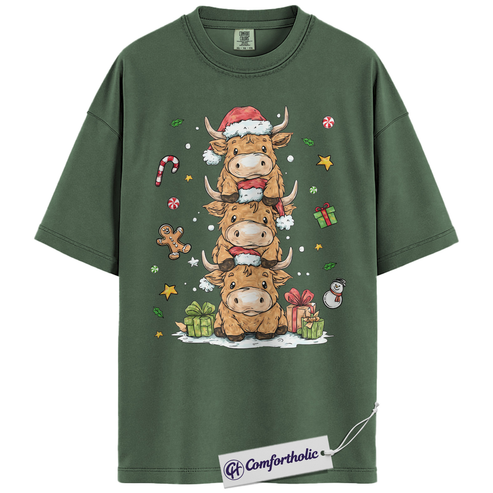 Highland Cow Christmas Shirt, Farm Animal Holiday T-Shirt, Cute Cow Stack Illustration Graphic Tee, Festive Christmas Gift for Cow Lovers, Christmas Comfort Colors Shirt - Image 6