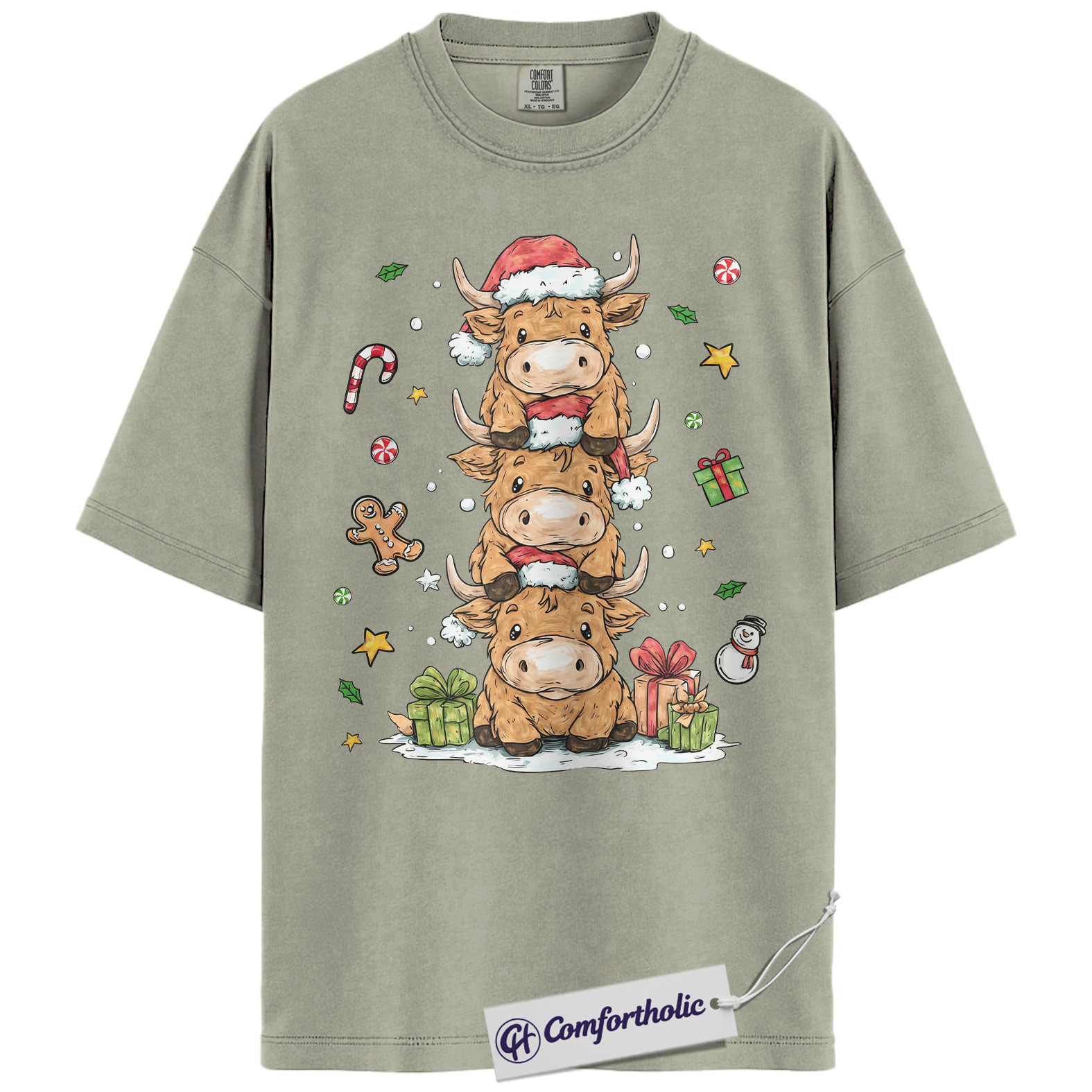 Highland Cow Christmas Shirt, Farm Animal Holiday T-Shirt, Cute Cow Stack Illustration Graphic Tee, Festive Christmas Gift for Cow Lovers, Christmas Comfort Colors Shirt