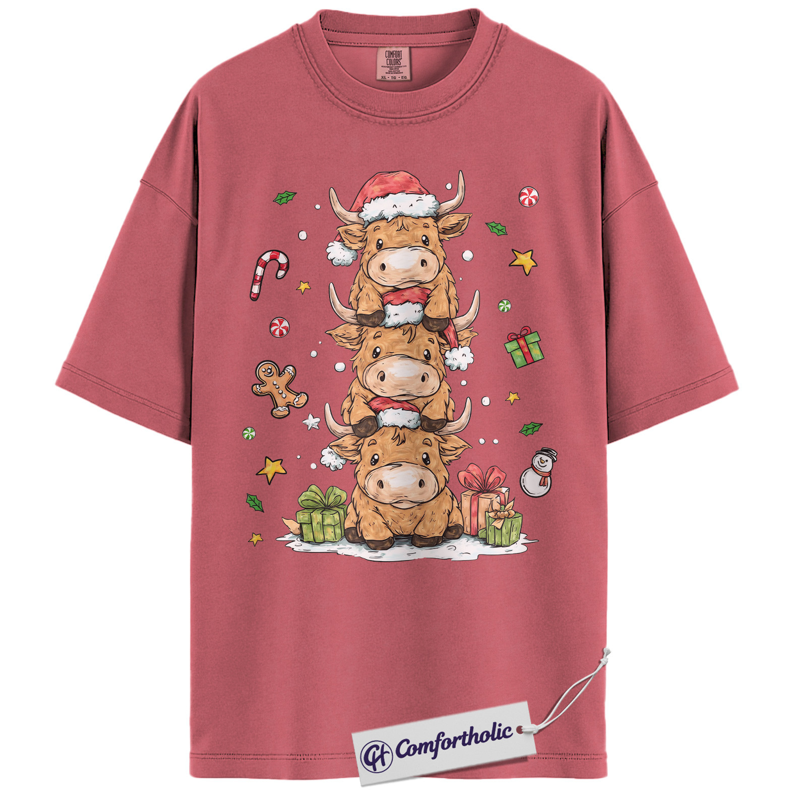 Highland Cow Christmas Shirt, Farm Animal Holiday T-Shirt, Cute Cow Stack Illustration Graphic Tee, Festive Christmas Gift for Cow Lovers, Christmas Comfort Colors Shirt - Image 9