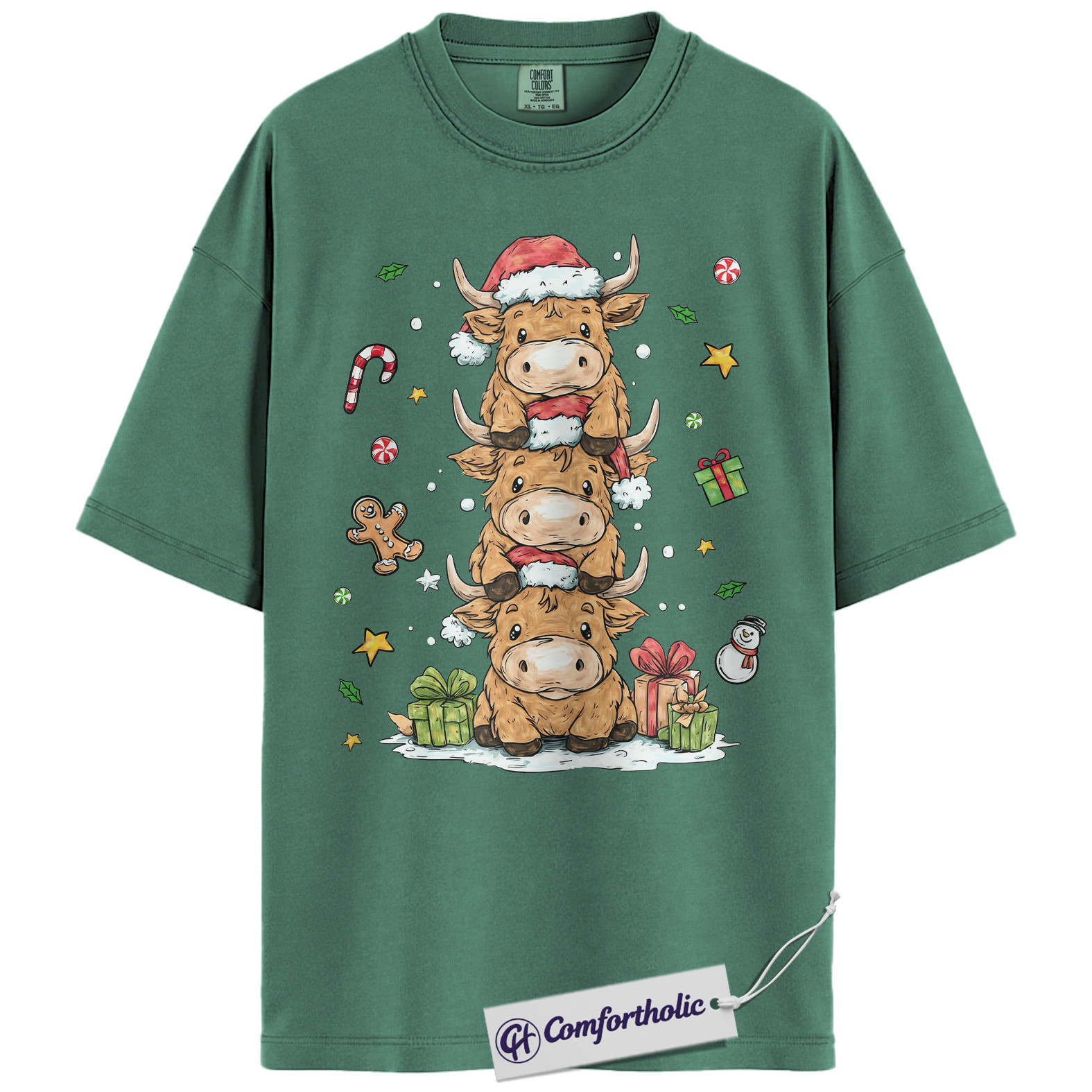 Highland Cow Christmas Shirt, Farm Animal Holiday T-Shirt, Cute Cow Stack Illustration Graphic Tee, Festive Christmas Gift for Cow Lovers, Christmas Comfort Colors Shirt - Image 10