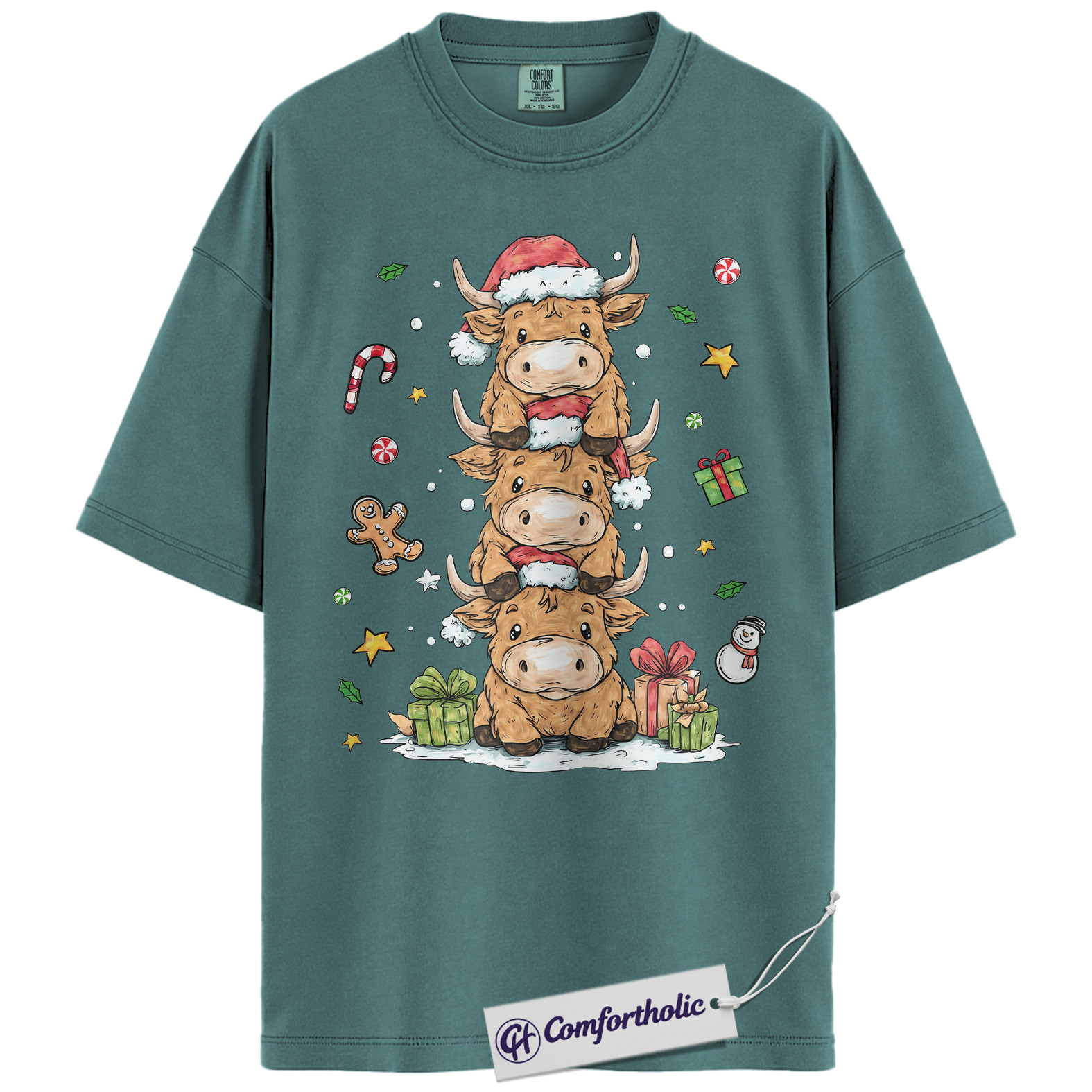 Highland Cow Christmas Shirt, Farm Animal Holiday T-Shirt, Cute Cow Stack Illustration Graphic Tee, Festive Christmas Gift for Cow Lovers, Christmas Comfort Colors Shirt - Image 11