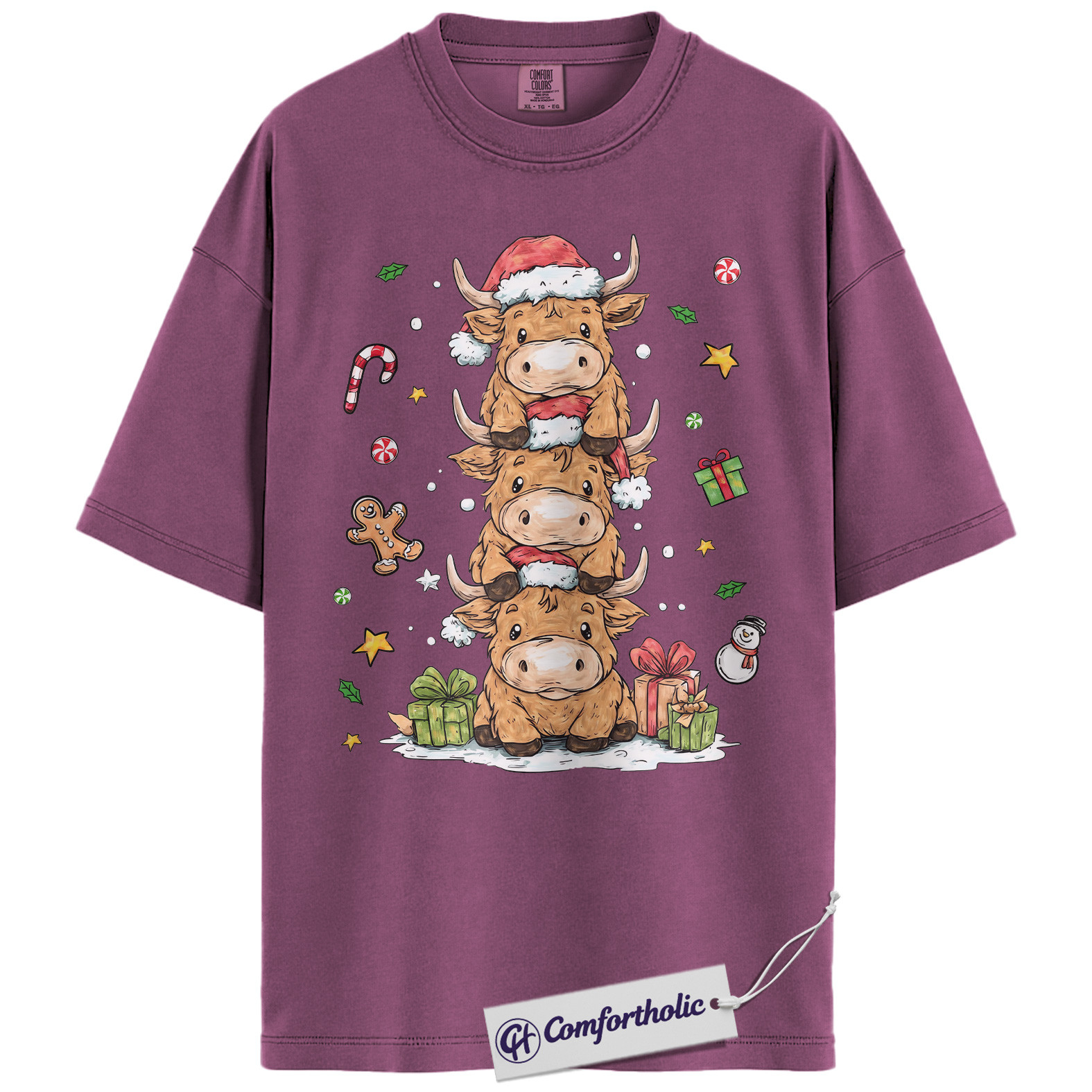 Highland Cow Christmas Shirt, Farm Animal Holiday T-Shirt, Cute Cow Stack Illustration Graphic Tee, Festive Christmas Gift for Cow Lovers, Christmas Comfort Colors Shirt - Image 15
