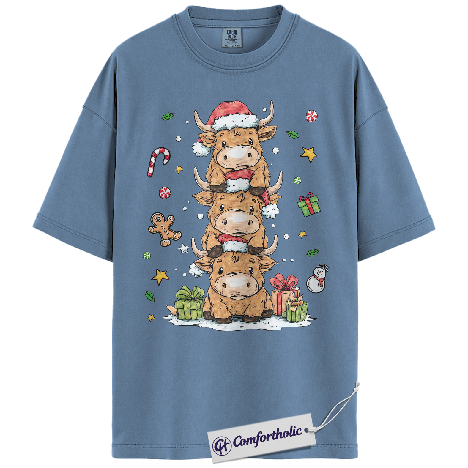 Highland Cow Christmas Shirt, Farm Animal Holiday T-Shirt, Cute Cow Stack Illustration Graphic Tee, Festive Christmas Gift for Cow Lovers, Christmas Comfort Colors Shirt - Image 17