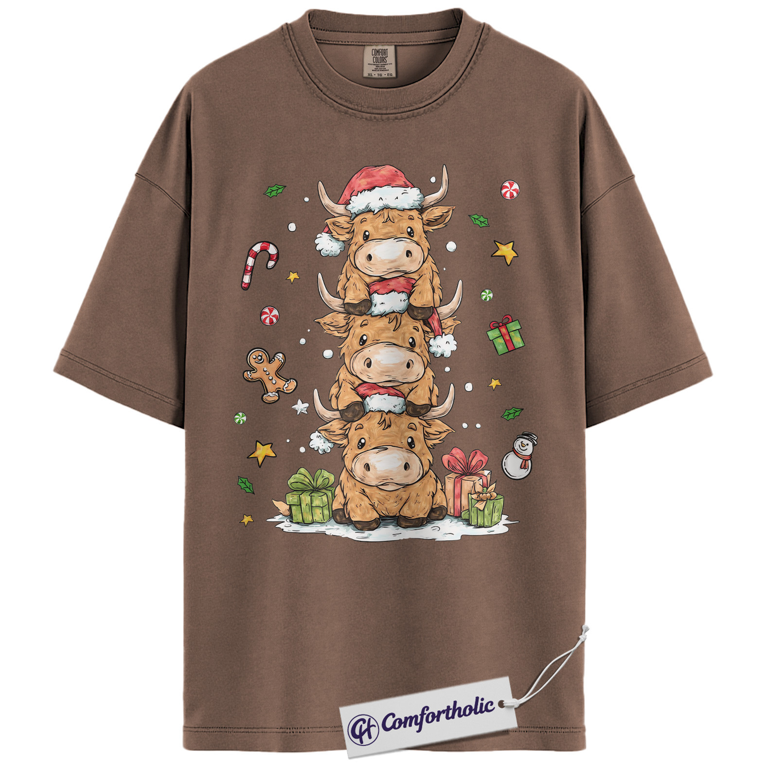 Highland Cow Christmas Shirt, Farm Animal Holiday T-Shirt, Cute Cow Stack Illustration Graphic Tee, Festive Christmas Gift for Cow Lovers, Christmas Comfort Colors Shirt - Image 19