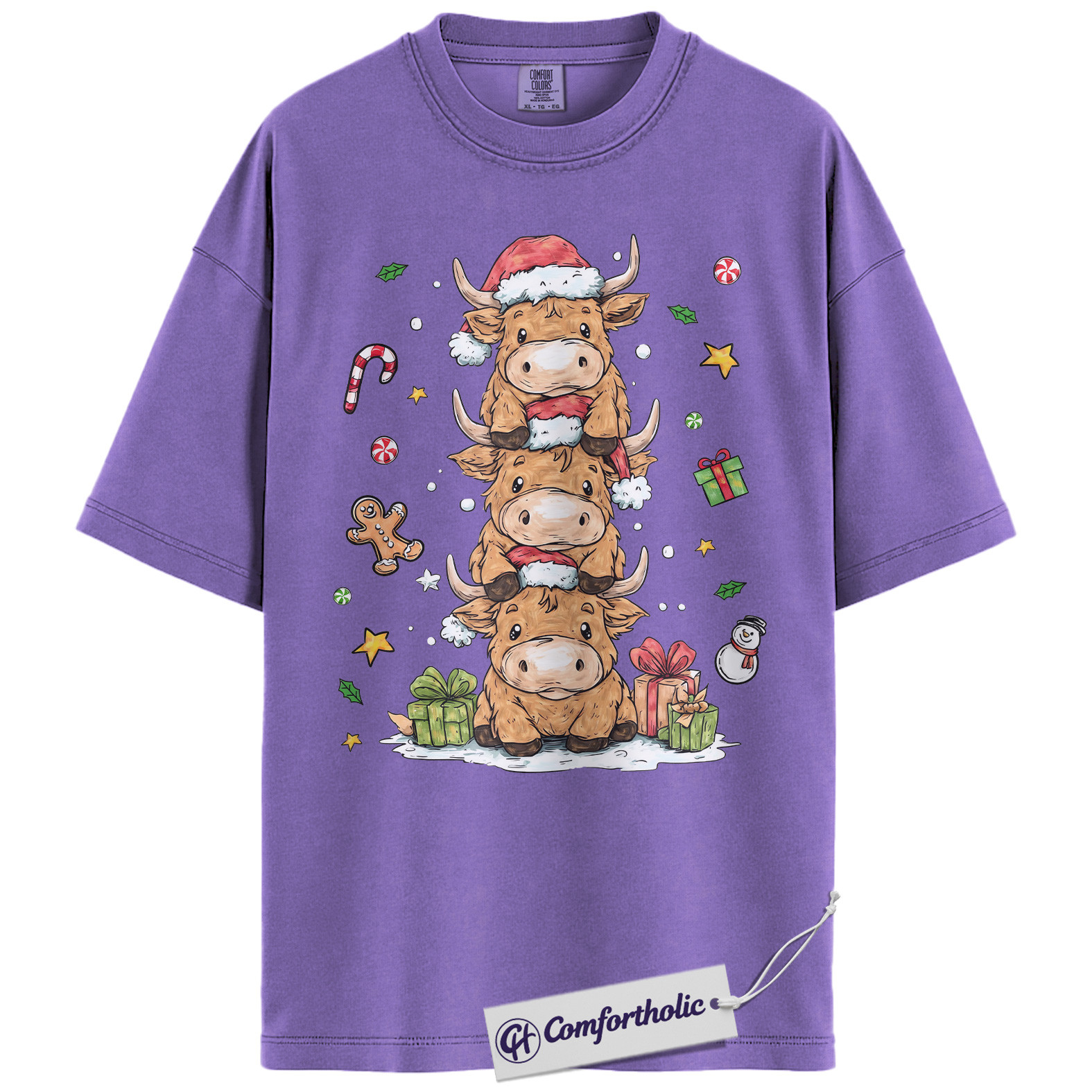 Highland Cow Christmas Shirt, Farm Animal Holiday T-Shirt, Cute Cow Stack Illustration Graphic Tee, Festive Christmas Gift for Cow Lovers, Christmas Comfort Colors Shirt - Image 20