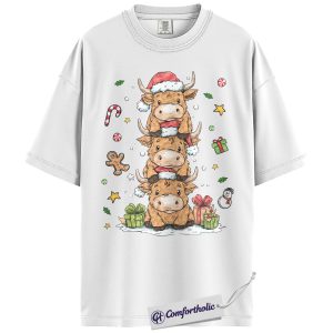Alternative view of Highland Cow Christmas Shirt, Farm Animal Holiday T-Shirt, Cute Cow Stack Illustration Graphic Tee, Festive Christmas Gift for Cow Lovers, Christmas Comfort Colors Shirt