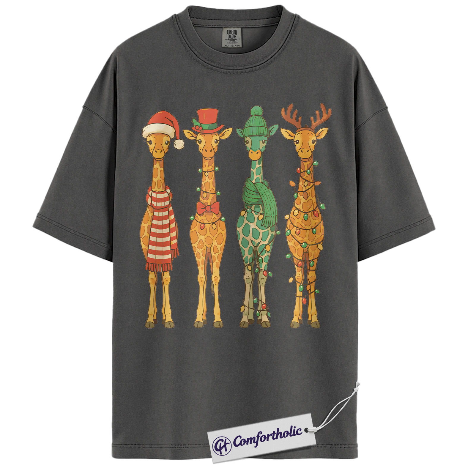 Christmas Giraffe Crew Shirt, Safari Animal Holiday T-Shirt, Cute Giraffe Lights Graphic Tee, Festive Christmas Gift for Animal Lovers, Christmas Comfort Colors Shirt - Image 4