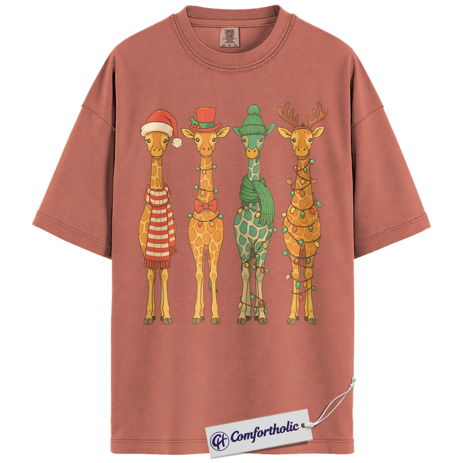 Christmas Giraffe Crew Shirt, Safari Animal Holiday T-Shirt, Cute Giraffe Lights Graphic Tee, Festive Christmas Gift for Animal Lovers, Christmas Comfort Colors Shirt - Image 8