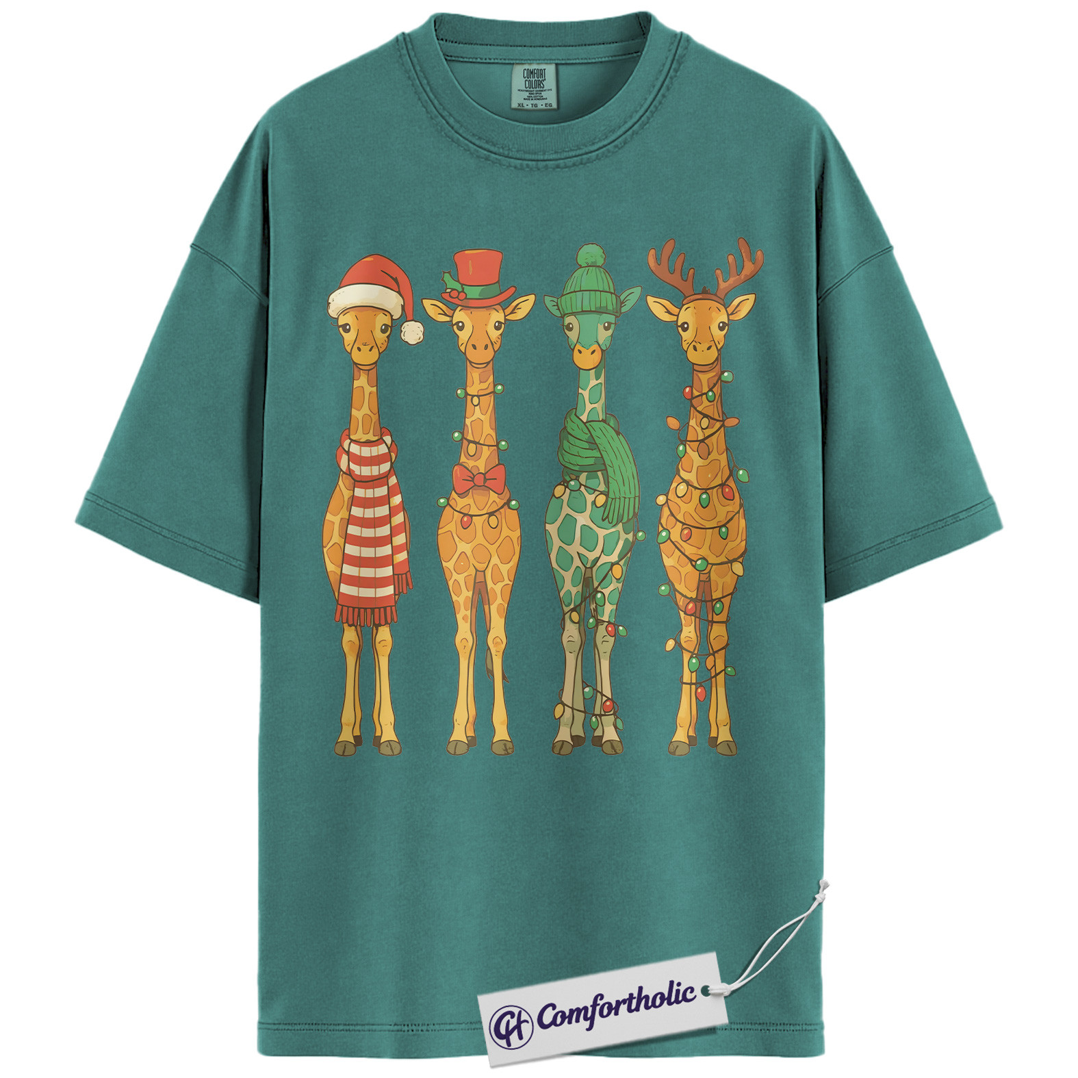 Christmas Giraffe Crew Shirt, Safari Animal Holiday T-Shirt, Cute Giraffe Lights Graphic Tee, Festive Christmas Gift for Animal Lovers, Christmas Comfort Colors Shirt - Image 13