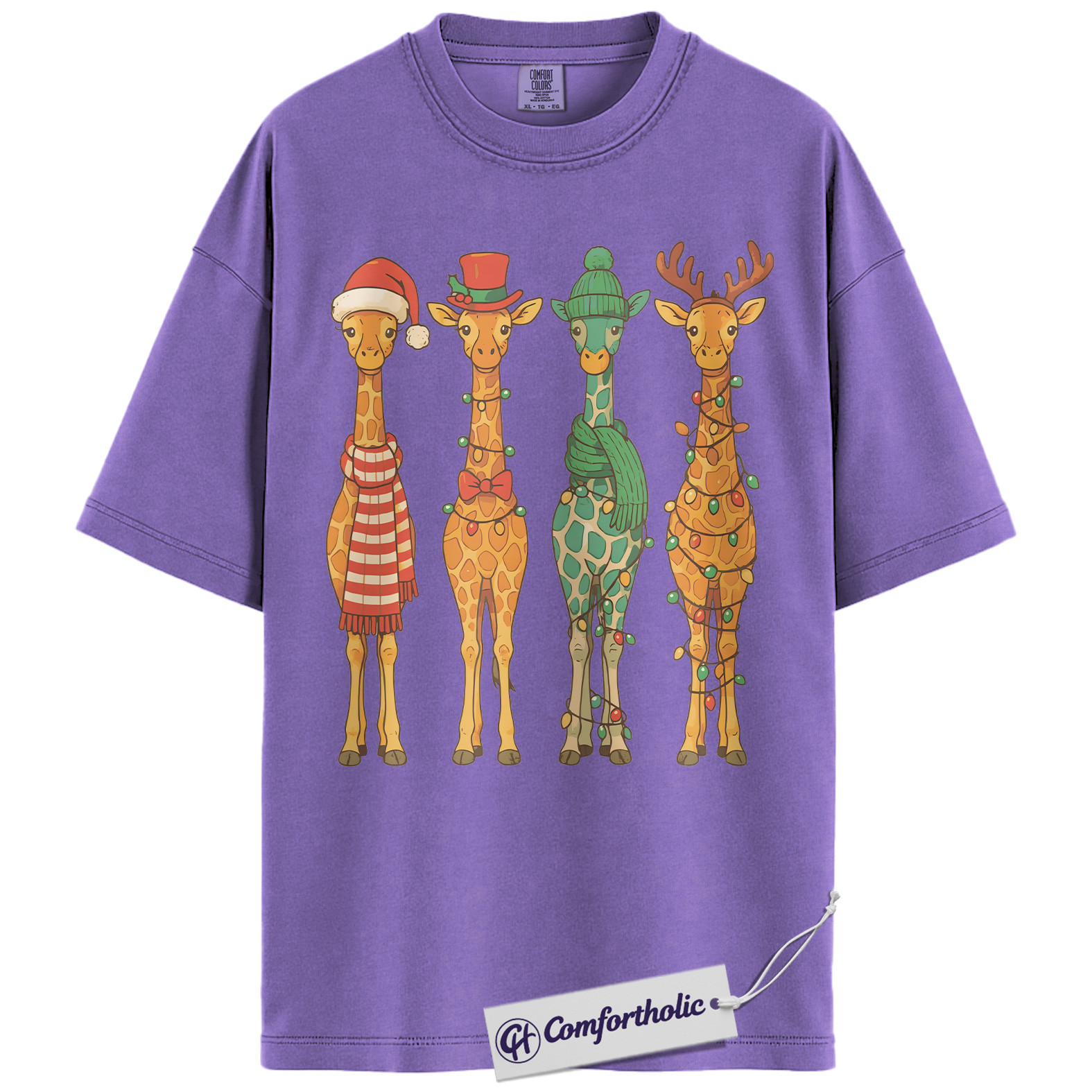 Christmas Giraffe Crew Shirt, Safari Animal Holiday T-Shirt, Cute Giraffe Lights Graphic Tee, Festive Christmas Gift for Animal Lovers, Christmas Comfort Colors Shirt - Image 20