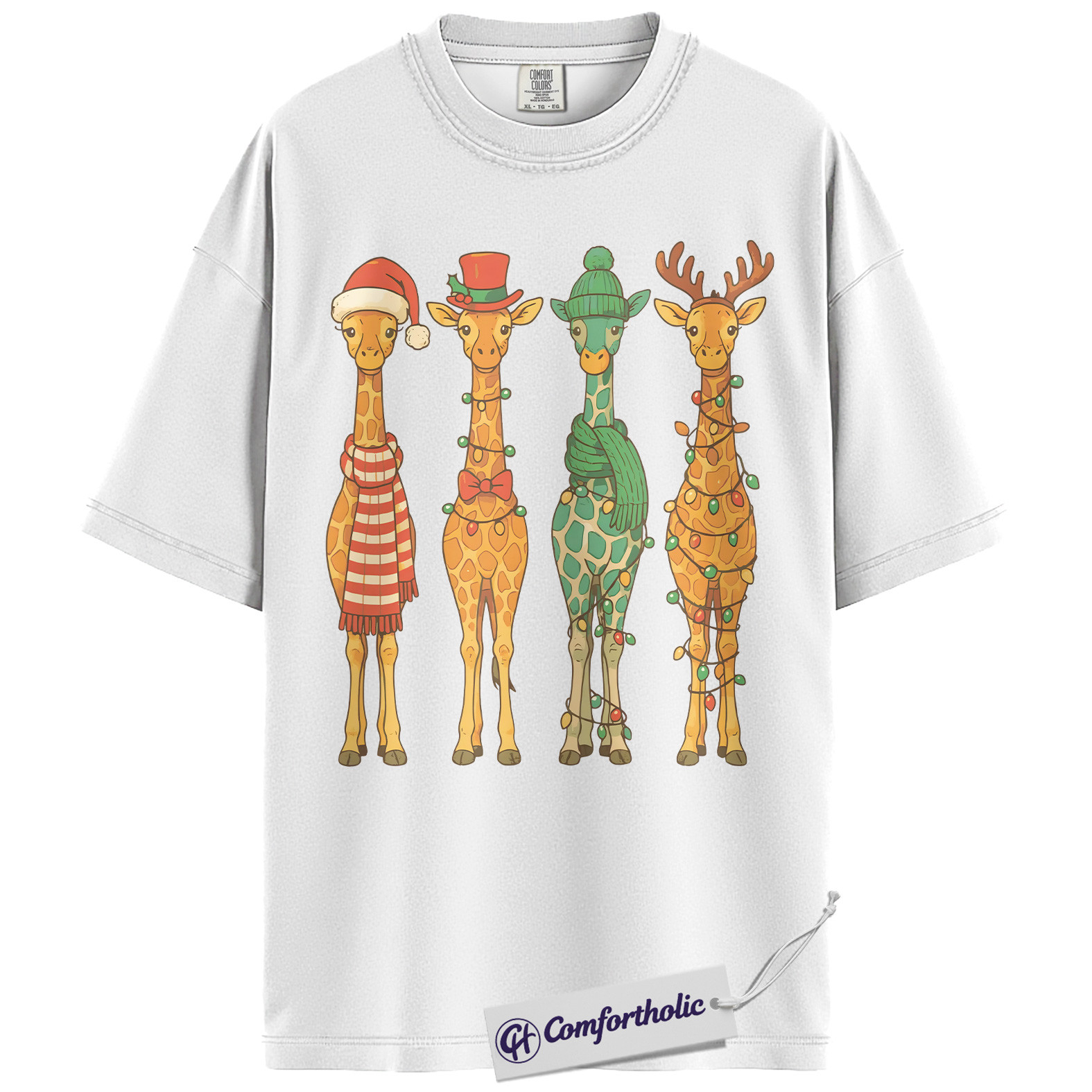 Christmas Giraffe Crew Shirt, Safari Animal Holiday T-Shirt, Cute Giraffe Lights Graphic Tee, Festive Christmas Gift for Animal Lovers, Christmas Comfort Colors Shirt - Image 2