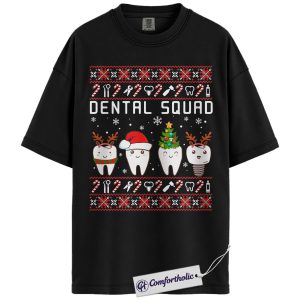 Dental Squad Shirt, Dentist Christmas T-Shirt, Ugly Sweater Style Holiday Graphic Tee, Cute Gift for Dental Office Staff, Christmas Comfort Colors Shirt