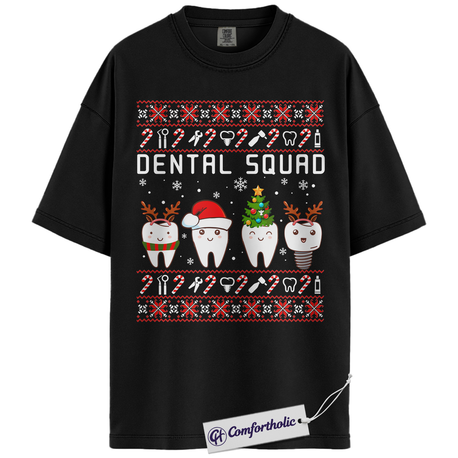 Dental Squad Shirt, Dentist Christmas T-Shirt, Ugly Sweater Style Holiday Graphic Tee, Cute Gift for Dental Office Staff, Christmas Comfort Colors Shirt