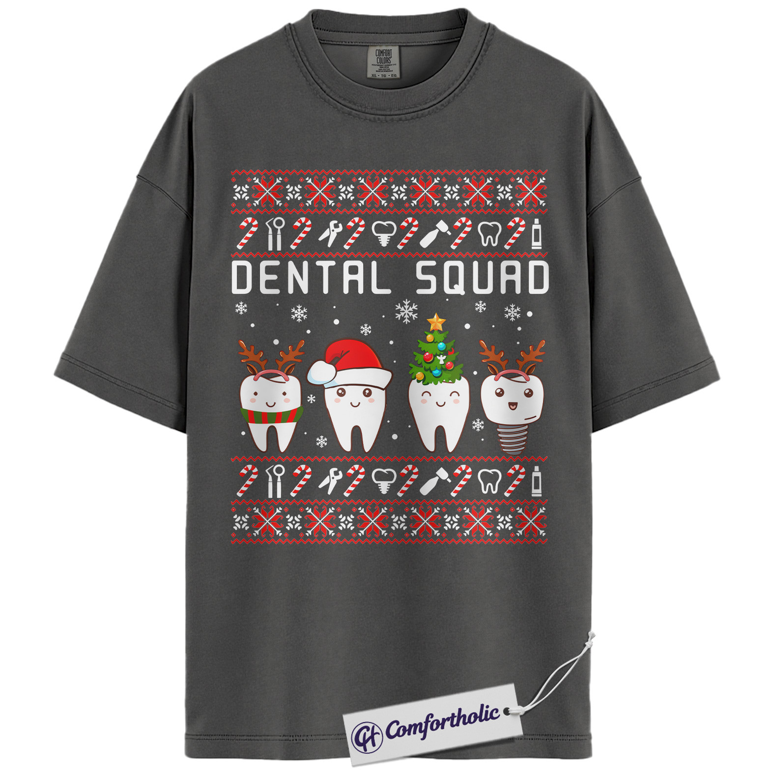Dental Squad Shirt, Dentist Christmas T-Shirt, Ugly Sweater Style Holiday Graphic Tee, Cute Gift for Dental Office Staff, Christmas Comfort Colors Shirt - Image 3