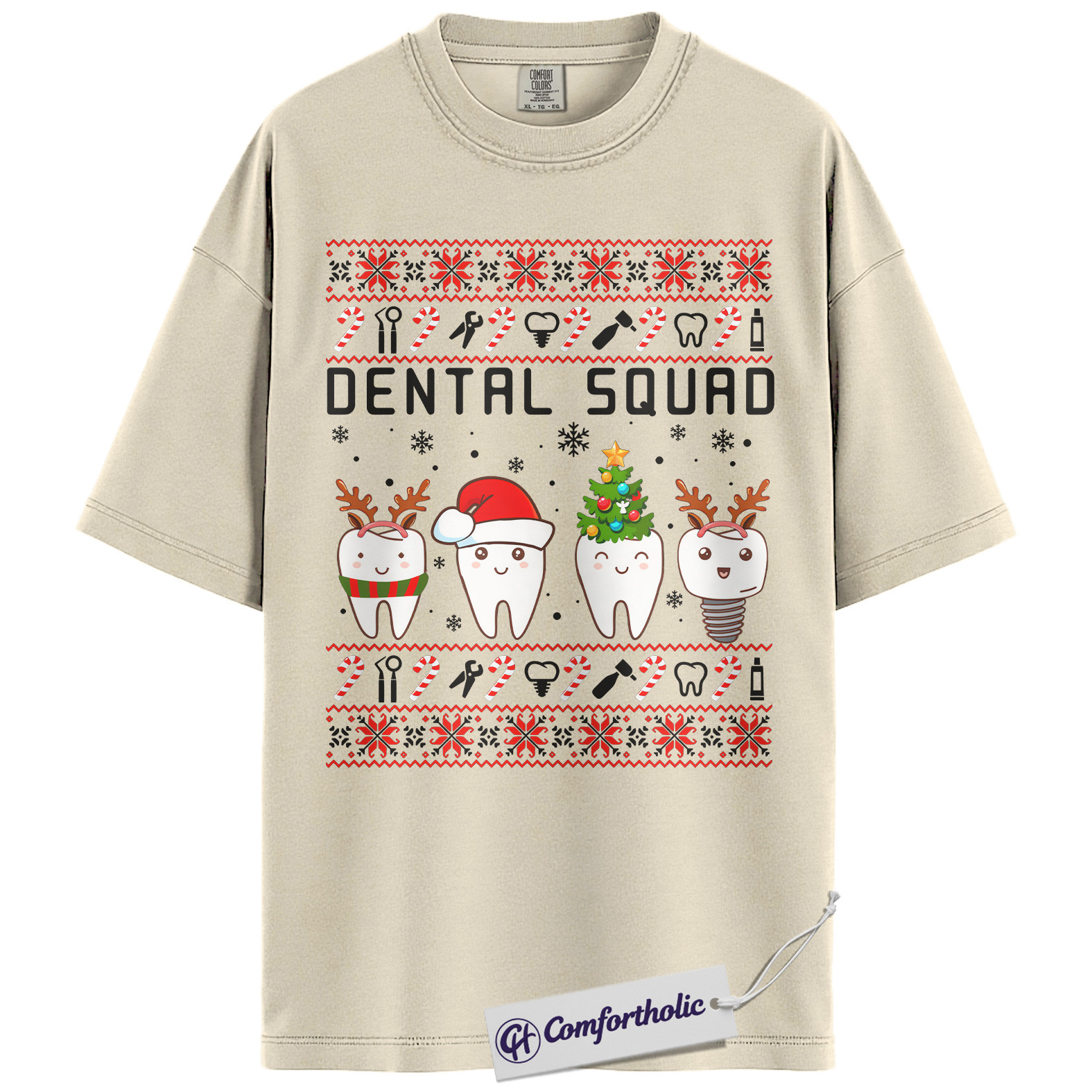 Dental Squad Shirt, Dentist Christmas T-Shirt, Ugly Sweater Style Holiday Graphic Tee, Cute Gift for Dental Office Staff, Christmas Comfort Colors Shirt - Image 4