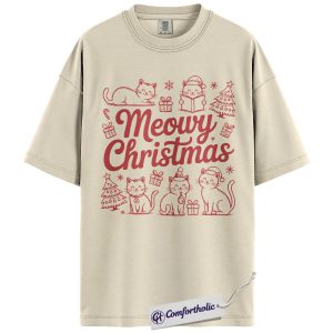 Meowy Christmas Shirt, Christmas Cat T-Shirt, Cute Holiday Cat Graphic Tee, Gift for Cat Lovers, Christmas Comfort Colors Shirt