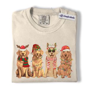 Golden Retriever Christmas Shirt, Dog Lover Holiday T-Shirt, Cute Festive Lights Graphic Tee for Dog Moms, Gift for Pet Owners, Christmas Comfort Colors Shirt