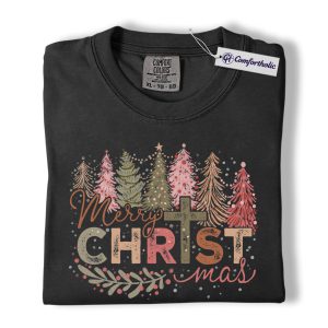 Merry Christmas Shirt, Christian Holiday T-Shirt, Boho Christmas Trees Graphic Tee, Faith-Based Gift for Believers, Christmas Comfort Colors Shirt
