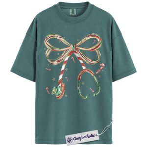 Stethoscope Bow Christmas Shirt, Christmas Nurse T-Shirt, Candy Cane Medical Worker Graphic Tee, Cute Holiday Gift for Nurses, Christmas Comfort Colors Shirt