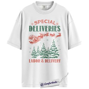 Alternative view of Special Deliveries Labor and Delivery Shirt, Funny L&D Nurse Christmas T-Shirt, Midwife Holiday Graphic Tee, Medical Humor Gift for Healthcare Workers, Christmas Comfort Colors Shirt