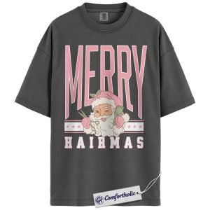Merry Hairmas Shirt, Funny Hairstylist Christmas T-Shirt, Retro Pink Hairdresser Holiday Tee, Cosmetologist Gift for Salon Workers, Christmas Comfort Colors Shirt