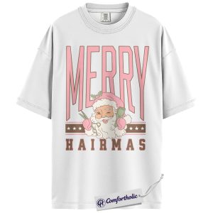 Alternative view of Merry Hairmas Shirt, Funny Hairstylist Christmas T-Shirt, Retro Pink Hairdresser Holiday Tee, Cosmetologist Gift for Salon Workers, Christmas Comfort Colors Shirt