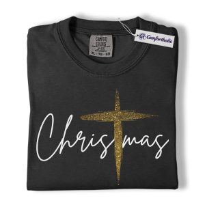 Christian Christmas Shirt, Faith-Based Holiday T-Shirt, Gold Cross Religious Graphic Tee, Elegant Jesus Gift, Christmas Comfort Colors Shirt