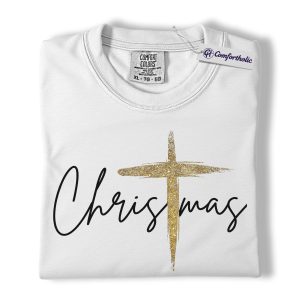 Alternative view of Christian Christmas Shirt, Faith-Based Holiday T-Shirt, Gold Cross Religious Graphic Tee, Elegant Jesus Gift, Christmas Comfort Colors Shirt