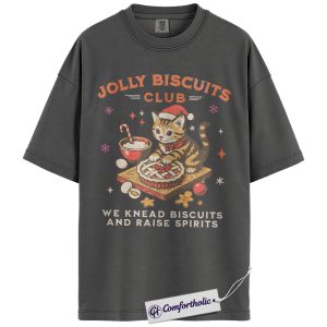 Jolly Biscuits Club Shirt, Funny Cat Christmas T-Shirt, Holiday Baking Graphic Tee, Cute Festive Top for Cat Lovers, Christmas Comfort Colors Shirt