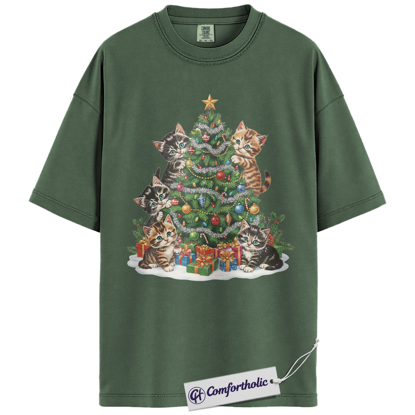 Cat Christmas Shirt, Funny Kitten Holiday T-Shirt, Cute Christmas Tree Cat Lover Graphic Tee, Holiday Gift for Pet Owners, Christmas Comfort Colors Shirt