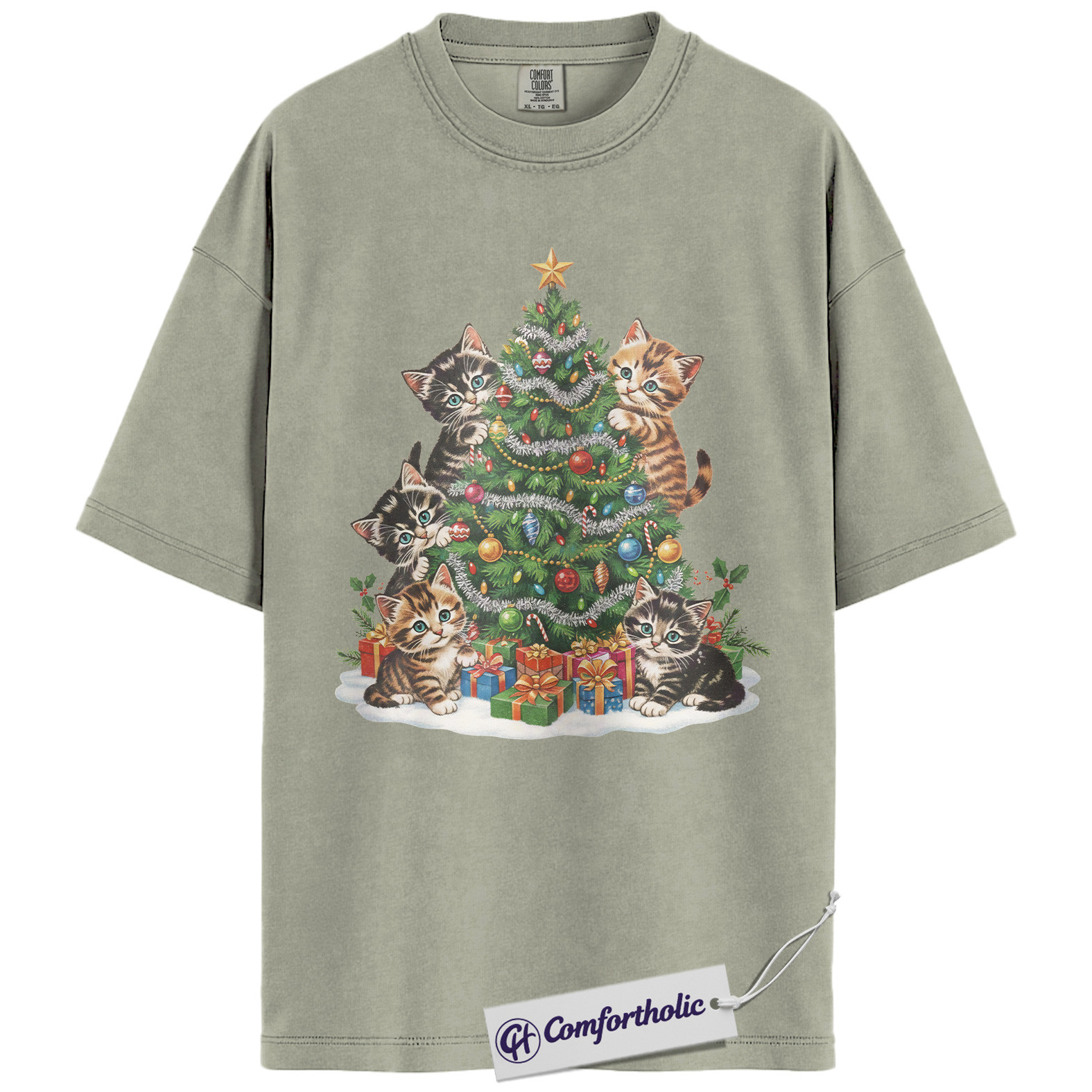 Cat Christmas Shirt, Funny Kitten Holiday T-Shirt, Cute Christmas Tree Cat Lover Graphic Tee, Holiday Gift for Pet Owners, Christmas Comfort Colors Shirt - Image 6