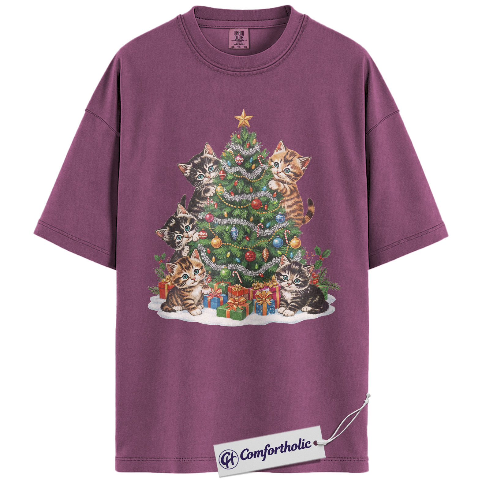 Cat Christmas Shirt, Funny Kitten Holiday T-Shirt, Cute Christmas Tree Cat Lover Graphic Tee, Holiday Gift for Pet Owners, Christmas Comfort Colors Shirt - Image 15