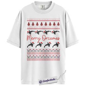 Alternative view of Orca Christmas Shirt, Funny Merry Orcamas T-Shirt, Cute Ocean Animal Holiday Graphic Tee, Gift for Killer Whale Lovers, Christmas Comfort Colors Shirt