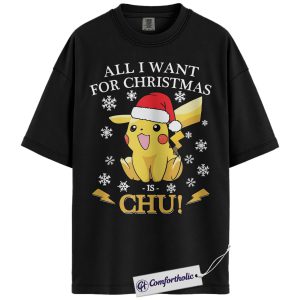 Alternative view of Pikachu Shirt, Pokemon Shirt, PKM Shirt, Christmas Shirt, Anime Graphic Tee, Christmas Comfort Colors Shirt